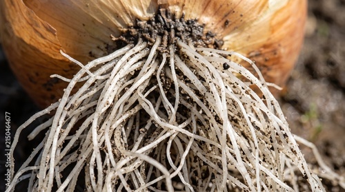 Close up of the root system of a freshly harvested onion bulb in soil.
