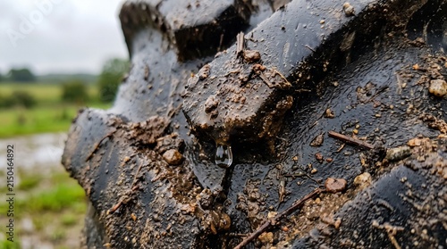 Mud-splattered tractor tire in a rural field after rain.