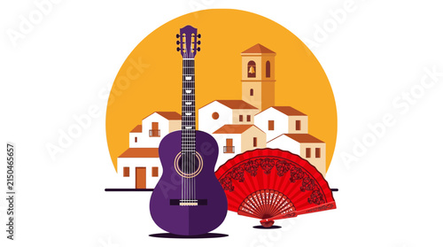 Vibrant spanish vector illustration featuring a purple acoustic guitar and red decorative folding hand fan design