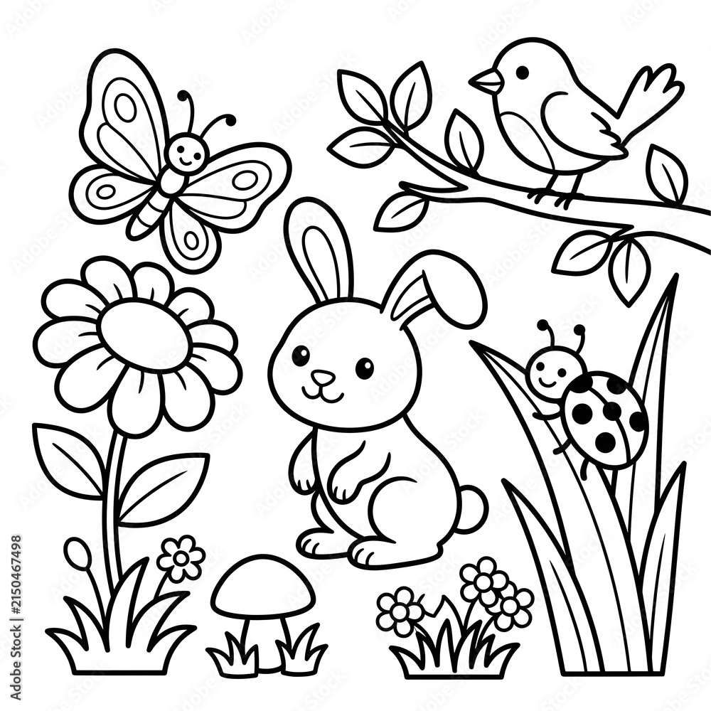Fototapeta premium Adorable cartoon bunny with flowers and carrots in spring garden.
