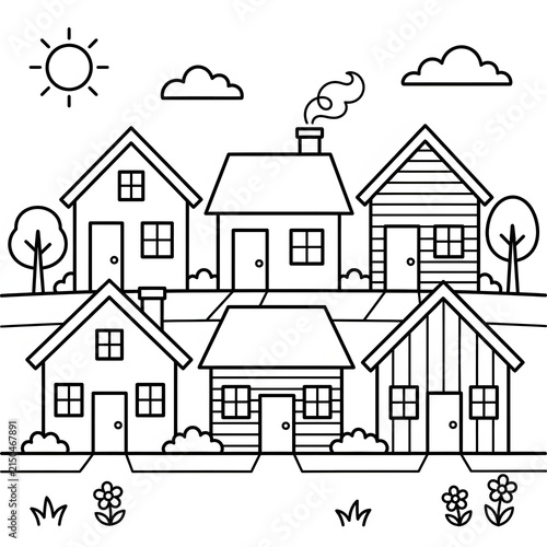 Obraz na plátně Charming black and white illustration of a quaint village.