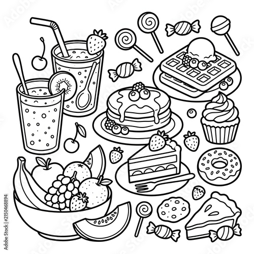 Collection of various cartoon style food and drink items.
