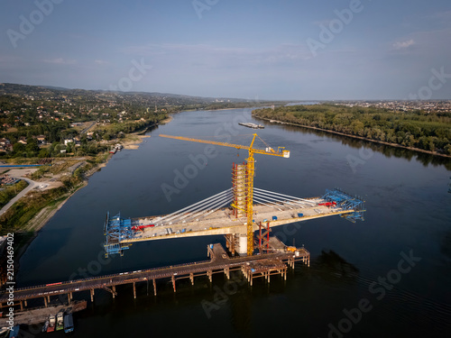 Aerial View of a New Bridge Under Construction over the Danube in Novi Sad, Serbia
