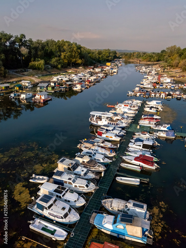 Aerial View of Boat Marina on the Danube in Novi Sad at Sunrise