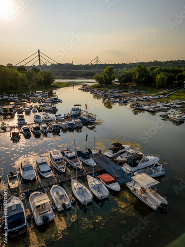 Aerial View of Boat Marina on the Danube in Novi Sad at Sunrise