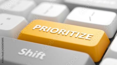 Close up of a computer keyboard featuring a prominent orange PRIORITIZE button for time management.