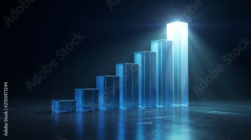 A glowing blue glass bar chart representing upward business growth and success.