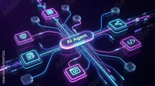 Artificial intelligence agent software interface featuring data tool triggers and coding icons in a 3D process flow.
