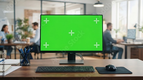 Empty coworking space featuring a computer showing a chroma key mockup template.