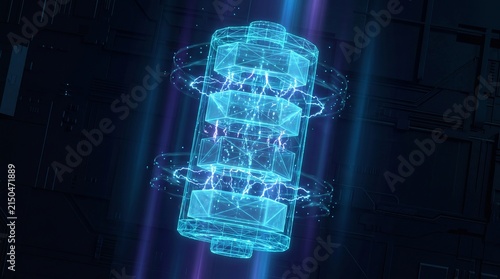 Futuristic holographic battery cell, glowing blue energy storage concept, digital lithium ion power interface for green technology