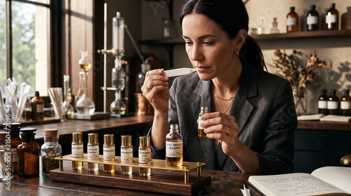 Professional female perfumer evaluating botanical extracts and essential oils in her creative laboratory workshop