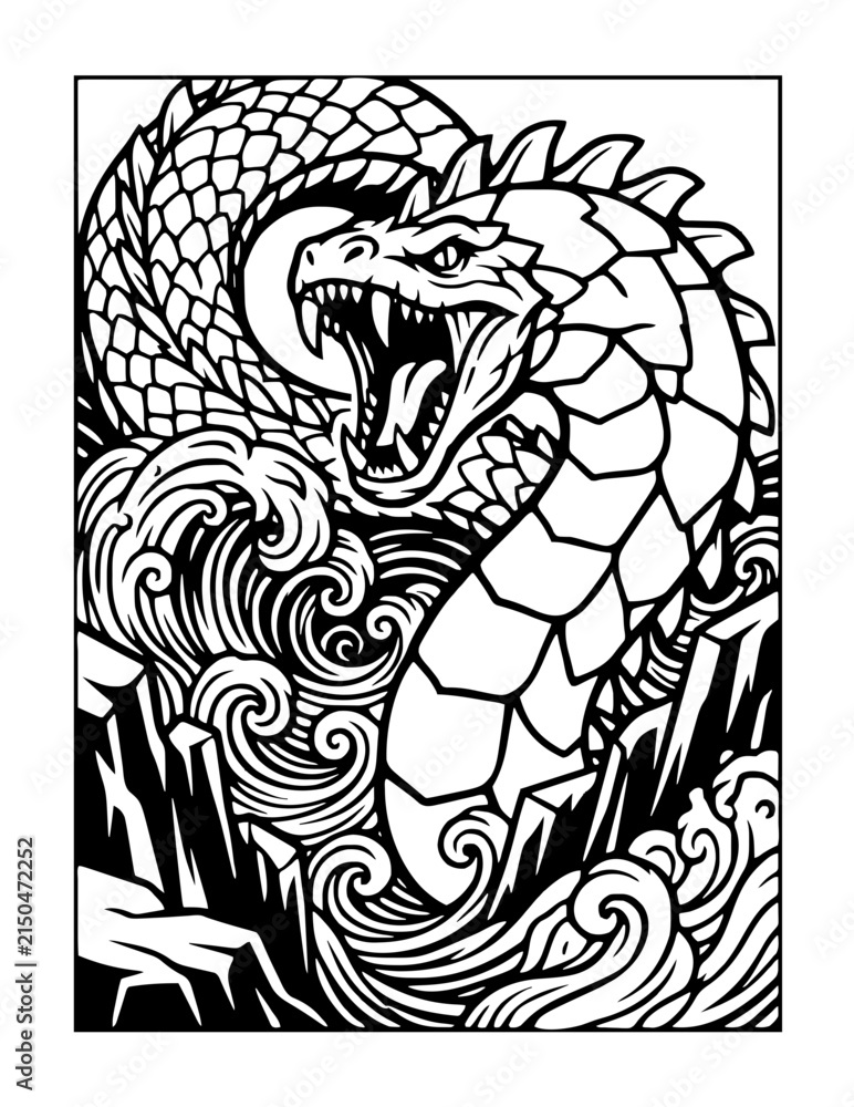 Obraz premium Valhalla Norse mythology Jormungandr Midgard serpent rising from sea line art vector illustration
