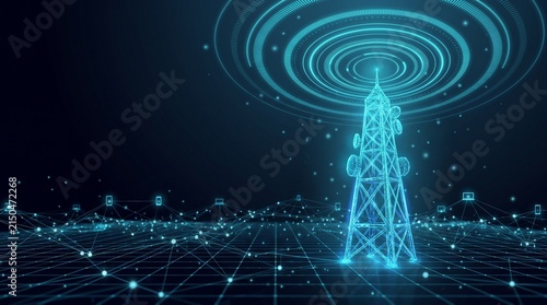 Telecommunication tower with glowing signal waves, digital 5G network infrastructure, futuristic wireless data transmission concept