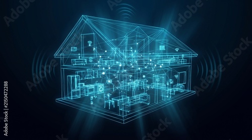 Smart home technology wireframe, digital house blueprint with glowing network nodes, futuristic residential automation concept