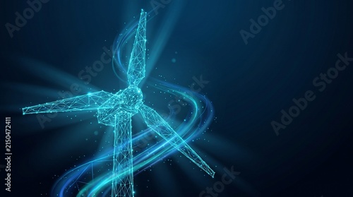 Digital wind turbine wireframe, glowing blue renewable energy concept, futuristic power generation technology on dark background