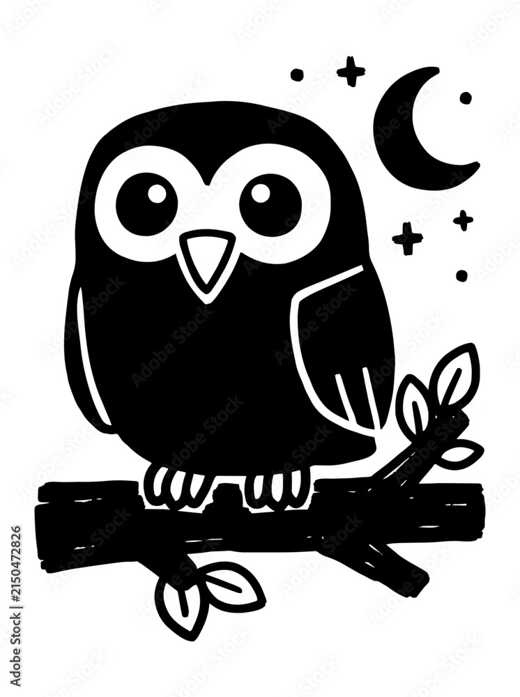 Obraz premium Chibi owl on branch moon line art coloring page vector illustration