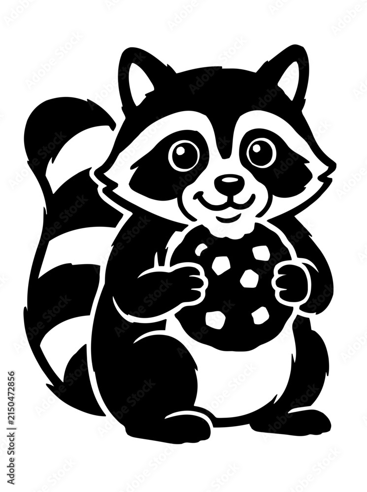 Fototapeta premium Chibi raccoon holding cookie line art coloring page vector illustration