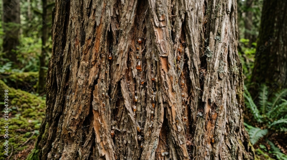 Obraz premium Close-up of a textured tree trunk in a lush green forest.