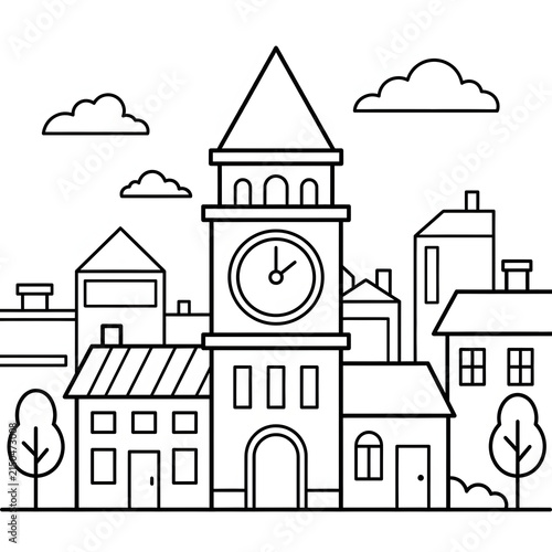 Fotografie Clock tower silhouette in a quaint village scene.