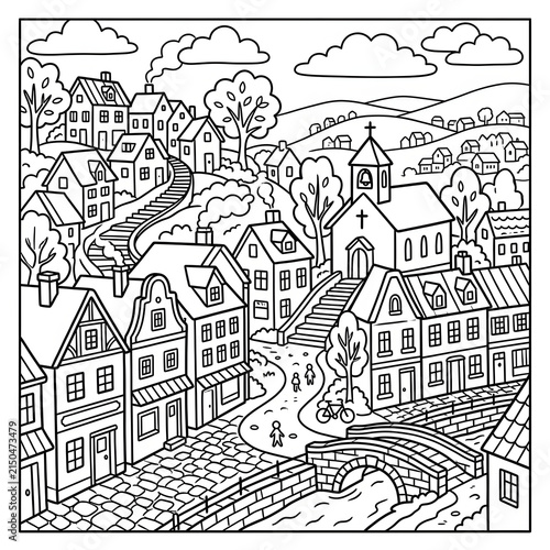 Intricate black and white illustration of a quaint village.