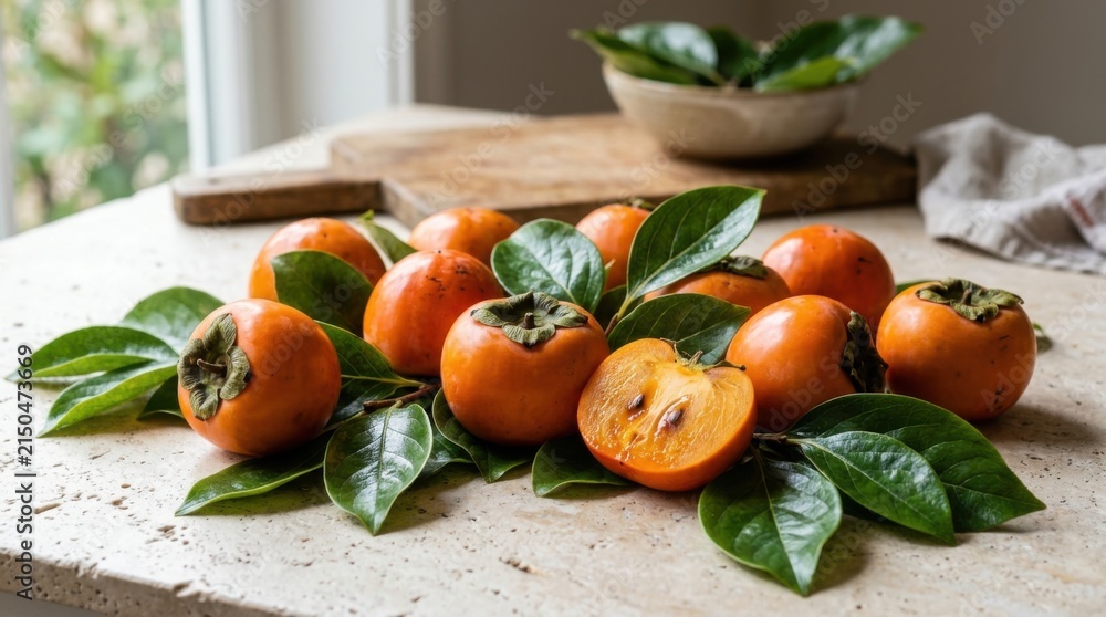 Obraz premium Fresh Ripe Persimmons with Green Leaves on a Textured Surface.