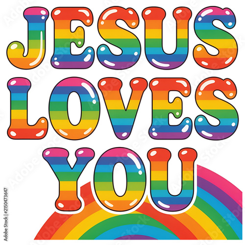 Colorful “Jesus Loves You” Typography with Rainbow Stripes, Glossy 3D Lettering, Isolated PNG