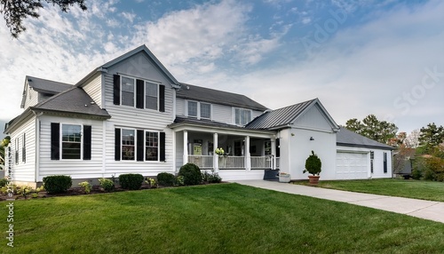 modern white farmhouse with black trim and wraparound porch