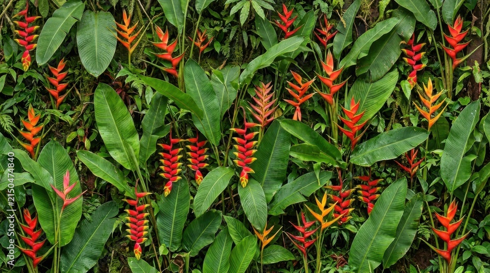 Fototapeta premium Vibrant Heliconia Flowers Blooming Amidst Lush Green Tropical Foliage.