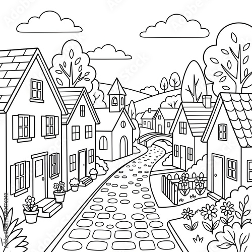 Obraz na plátně Colorful illustration of a quaint village with houses and trees.