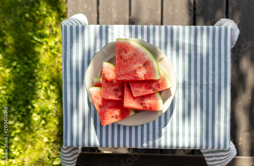 Sliced Juicy Watermelon on Plate on Blue and White Striped Picnic Tablecloth in Summer Garden