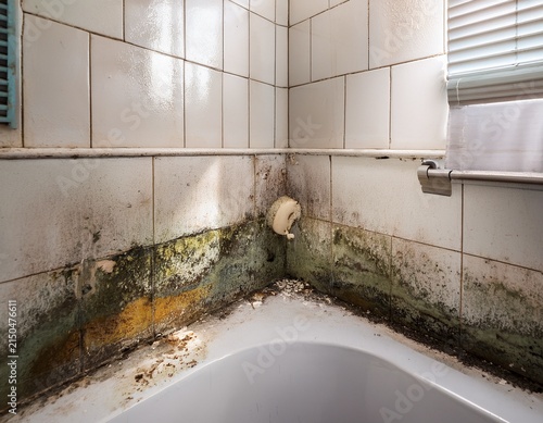 mold and mildew growth on white bathroom tile corner and bathtub in an old dirty and unhygienic washroom