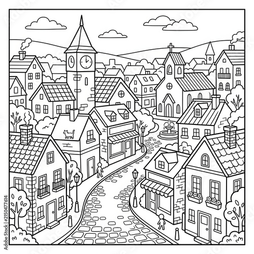 Detailed black and white illustration of a quaint village layout.