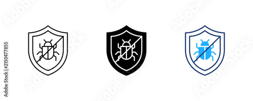 Antivirus Shield Icon Set, Security Shield with Bug Virus Cross, Malware Protection Symbol, Vector illustration