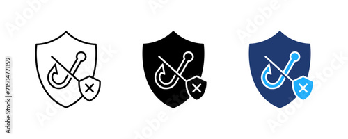 Anti Phishing Icon Set, Cyber Security Shield with Fish Hook, Data Protection Symbol, Vector illustration