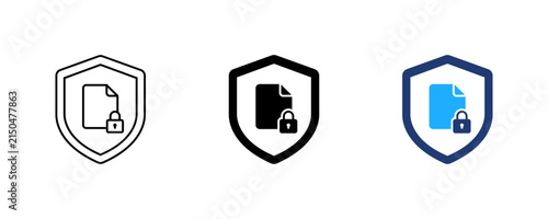 Data Protection Shield Icon Set, Security Shield with Locked File, Encrypted Document Symbol, Vector illustration