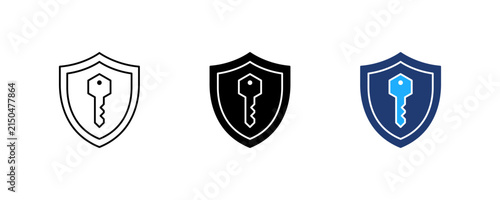 Encryption Shield Icon Set, Security Shield with Key, Data Protection Symbol, Vector illustration