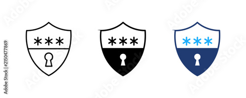 Password Shield Icon Set, Security Shield with Password Symbol, Account Protection Sign, Vector illustration