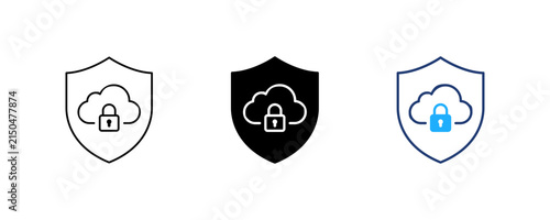 Cloud Security Shield Icon Set, Protection Shield with Cloud Lock, Safe Storage Symbol, Vector illustration