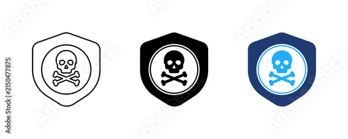 Malware Protection Shield Icon Set, Security Shield with Skull, Threat Block Symbol, Vector illustration