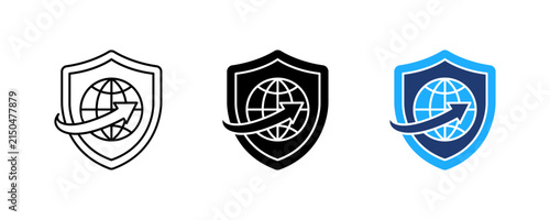VPN Shield Icon Set, Security Shield with Globe Arrow, Safe Browsing Symbol, Vector illustration