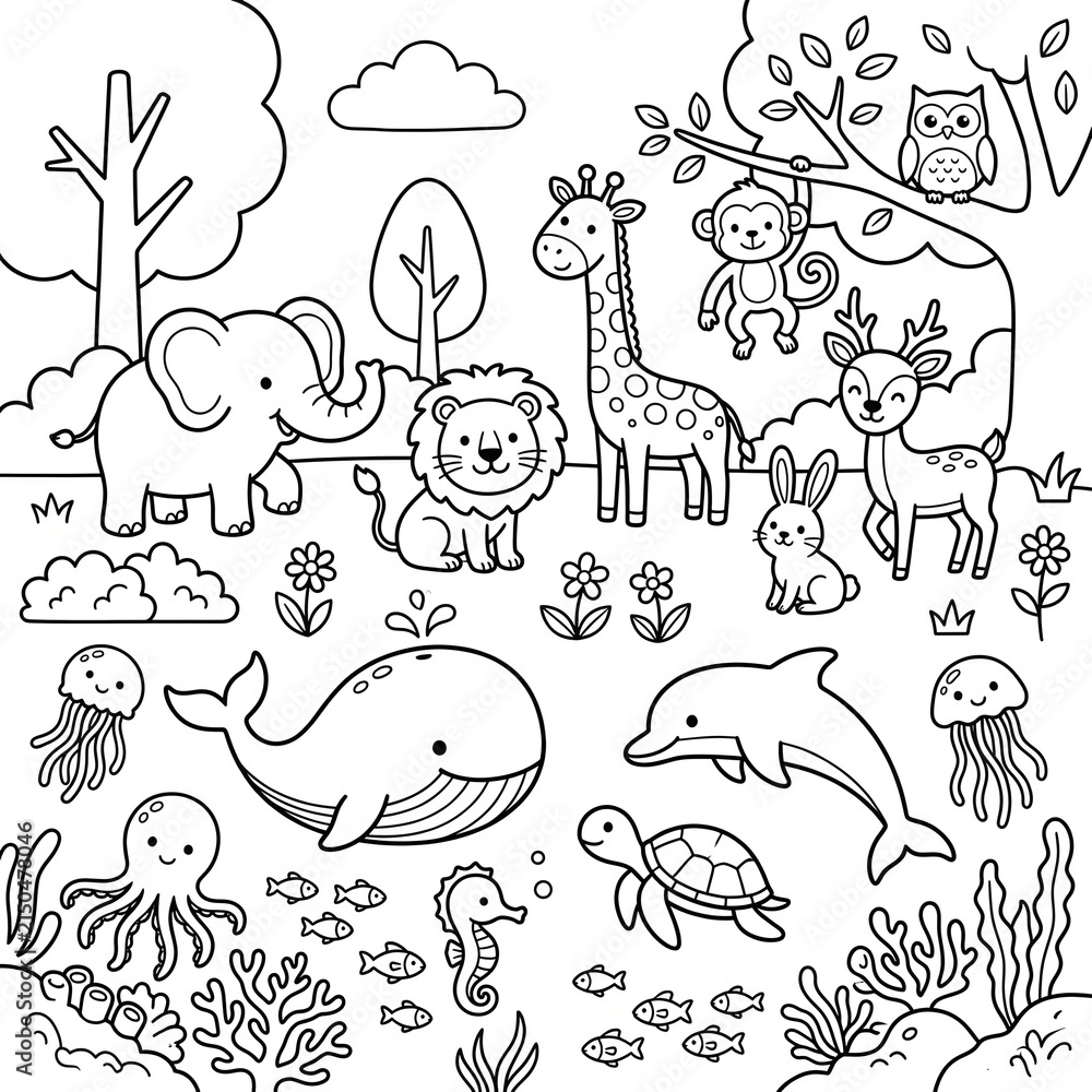 Obraz premium Cute cartoon animals and children in a playful meadow scene.