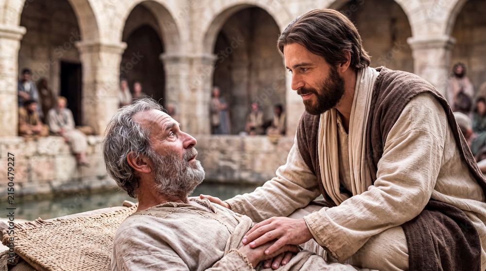 Obraz premium Jesus speaking with a sick man beside a pool of Bethesda. 