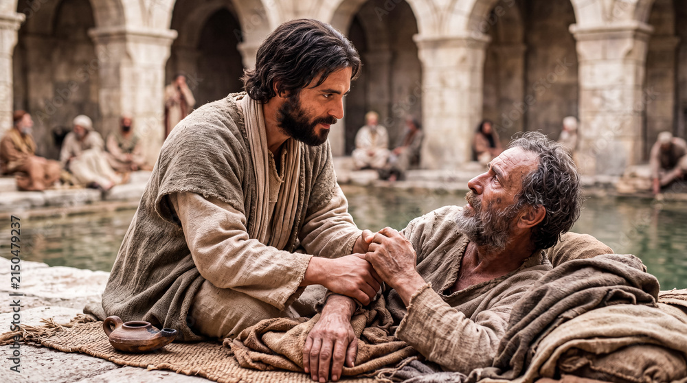 Obraz premium Jesus speaking with a sick man beside a pool of Bethesda.