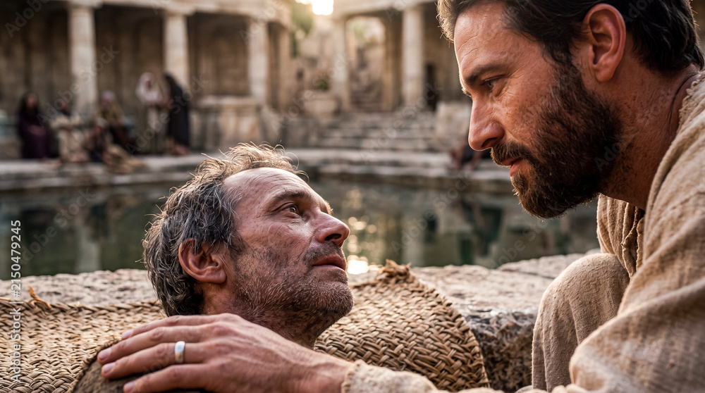 Obraz premium Jesus speaking with a sick man beside a pool of Bethesda. 