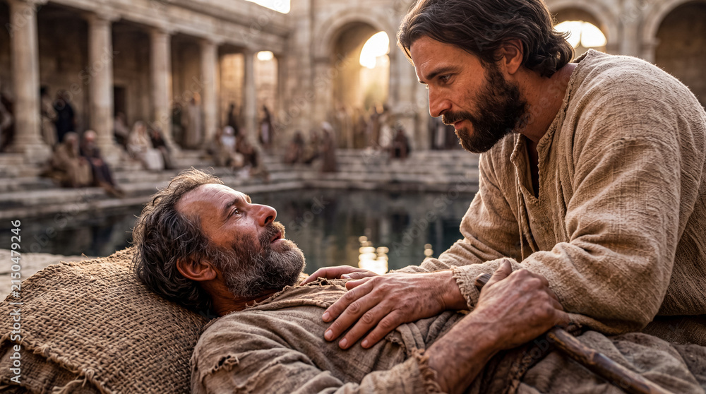 Obraz premium Jesus speaking with a sick man beside a pool of Bethesda.