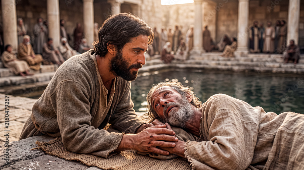 Obraz premium Jesus speaking with a sick man beside a pool of Bethesda.