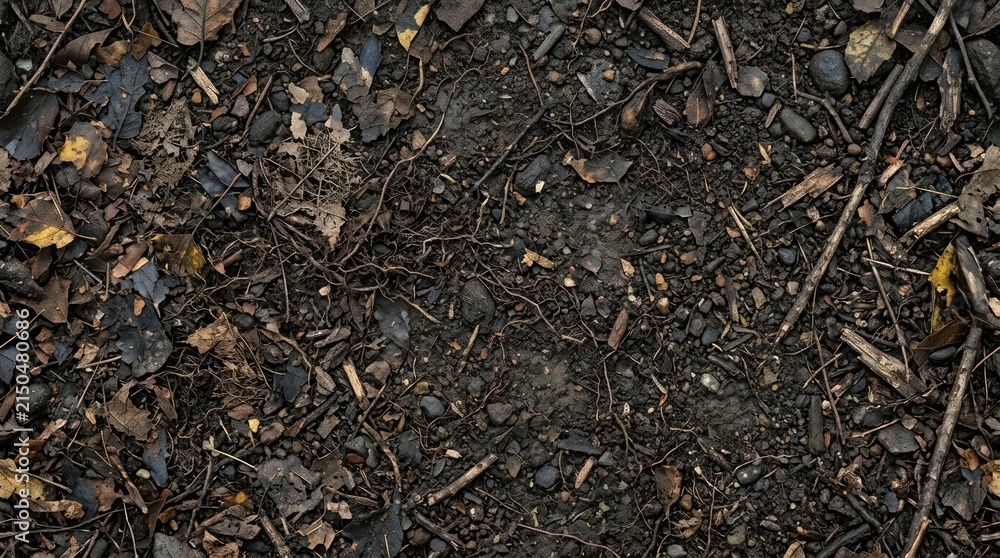 Fototapeta premium Top down view of a dark forest floor covered in dry leaves twigs and natural organic debris