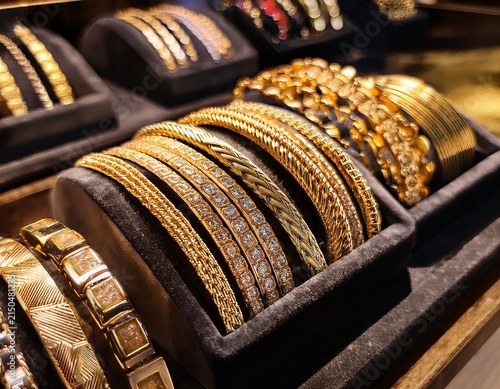 luxurious gold bracelets displayed in a jewelry store high end retail showcasing gold jewelry close up shot