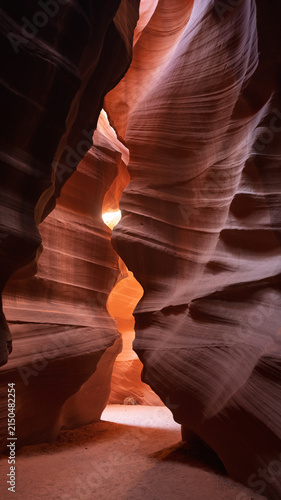 Sunlight illuminating the smooth red sandstone walls of a desert slot canyon