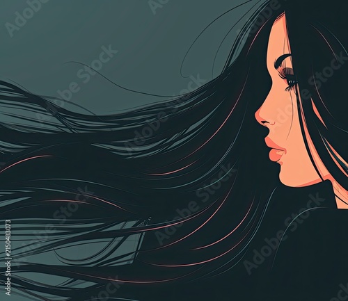A professional advertisement backdrop featuring a woman with sleek, long black hair set in a deep, dark environment.
